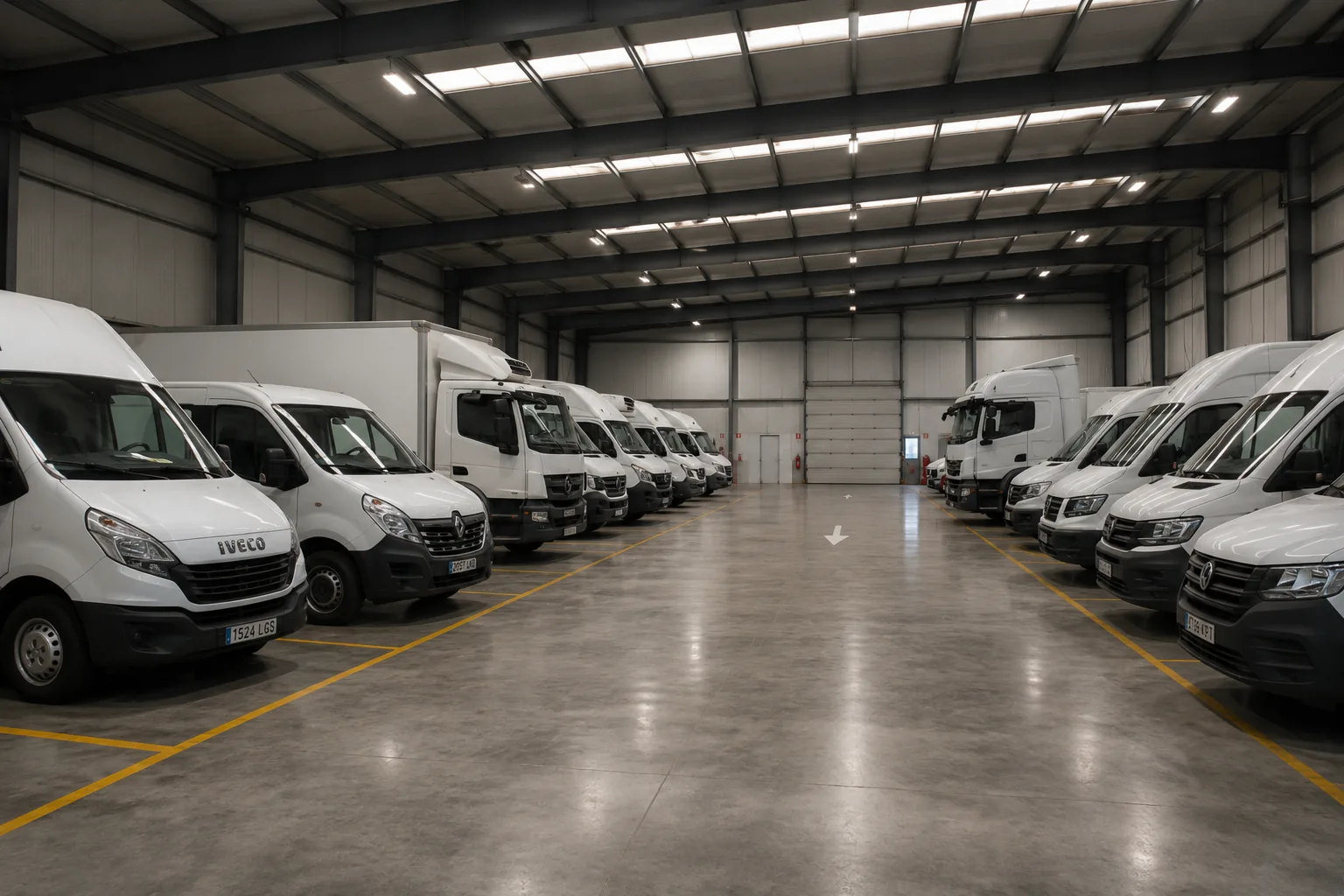Commercial vehicle parking lot — auto dealership service bay with EVs