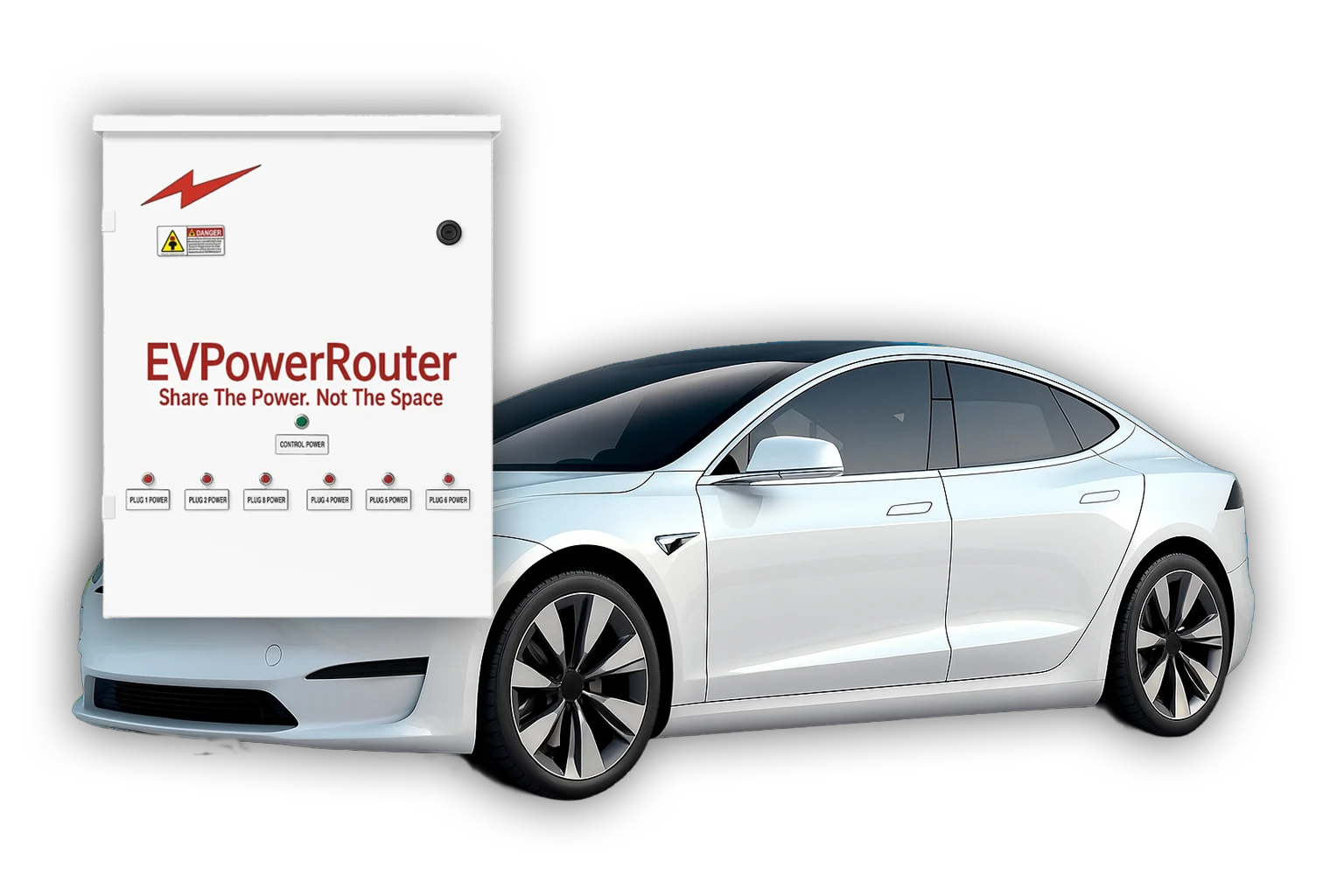EVPowerRouter unit next to an EV — Share the Power, Not the Space